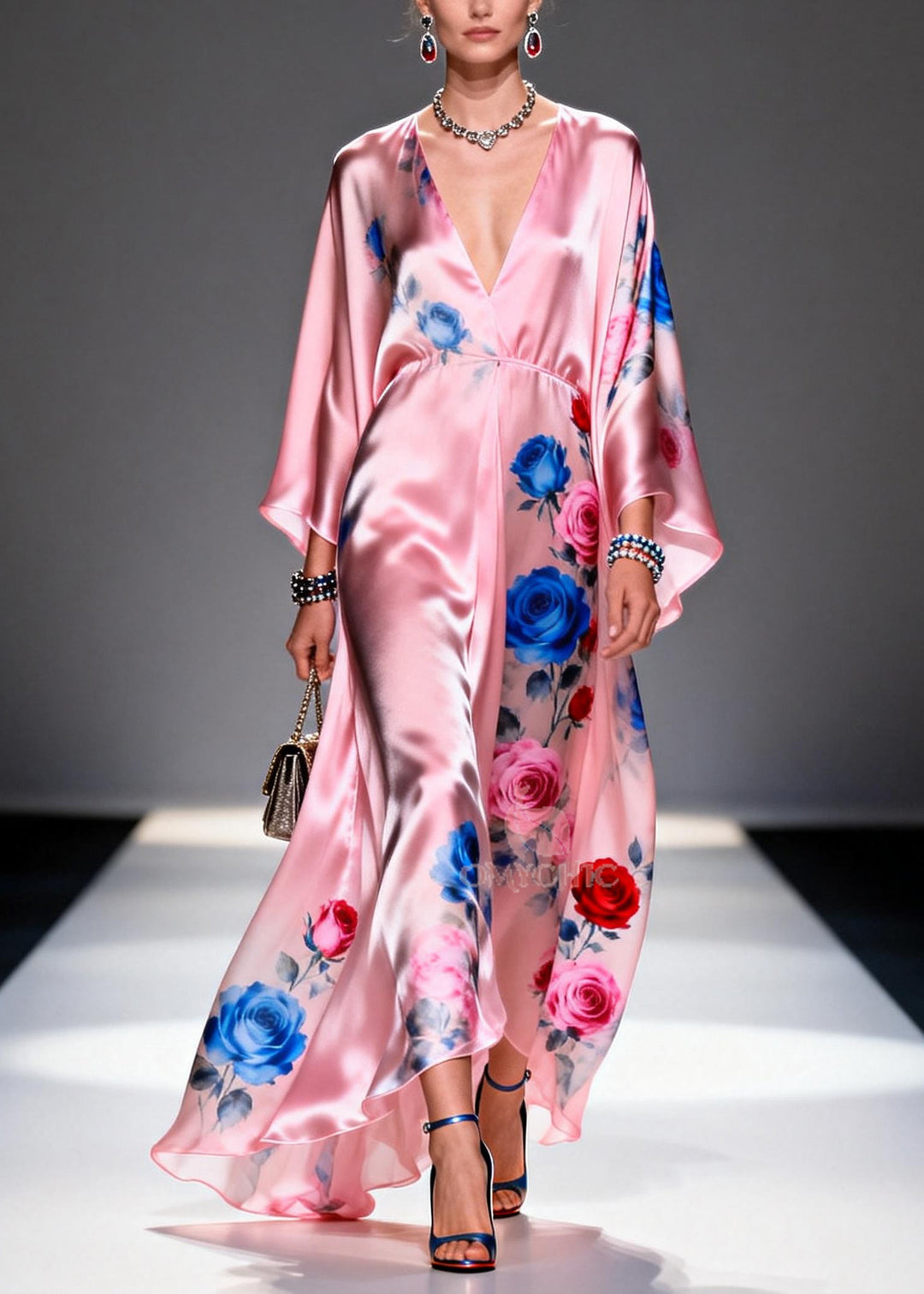 Elegant Pink Oversized Floral Print Silk Party Dress Summer