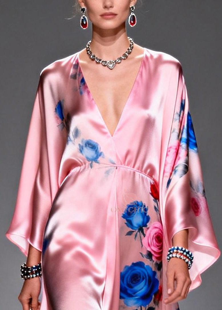 Elegant Pink Oversized Floral Print Silk Party Dress Summer