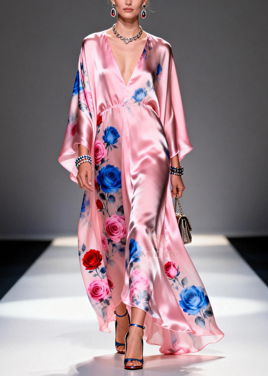 Elegant Pink Oversized Floral Print Silk Party Dress Summer
