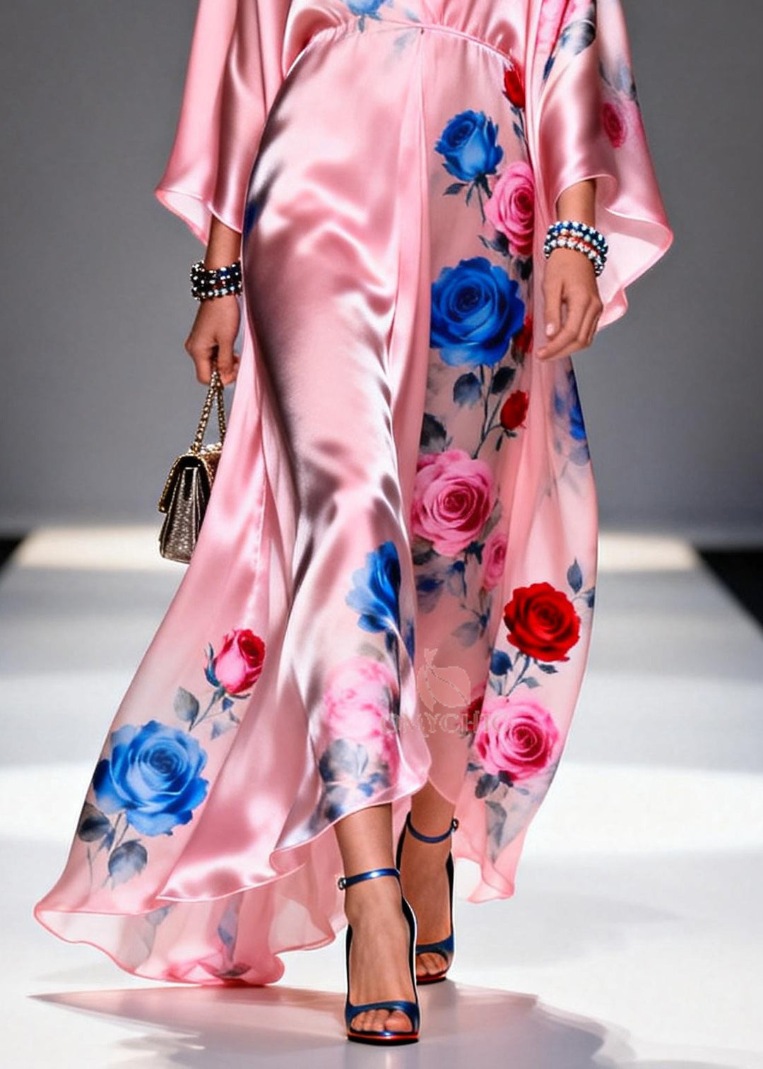 Elegant Pink Oversized Floral Print Silk Party Dress Summer