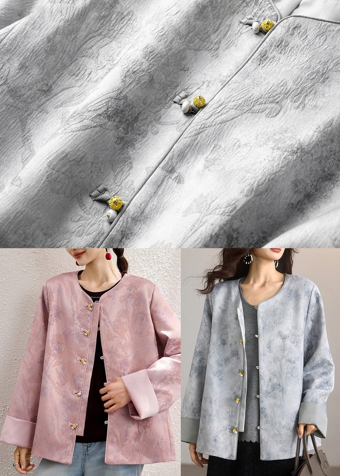 Elegant Pink Oversized Jacquard Fine Silk Jackets Spring