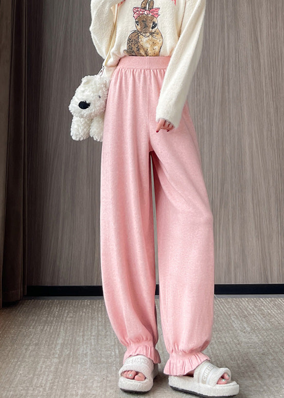 Elegant Pink Oversized Pockets Knit Pants Fall