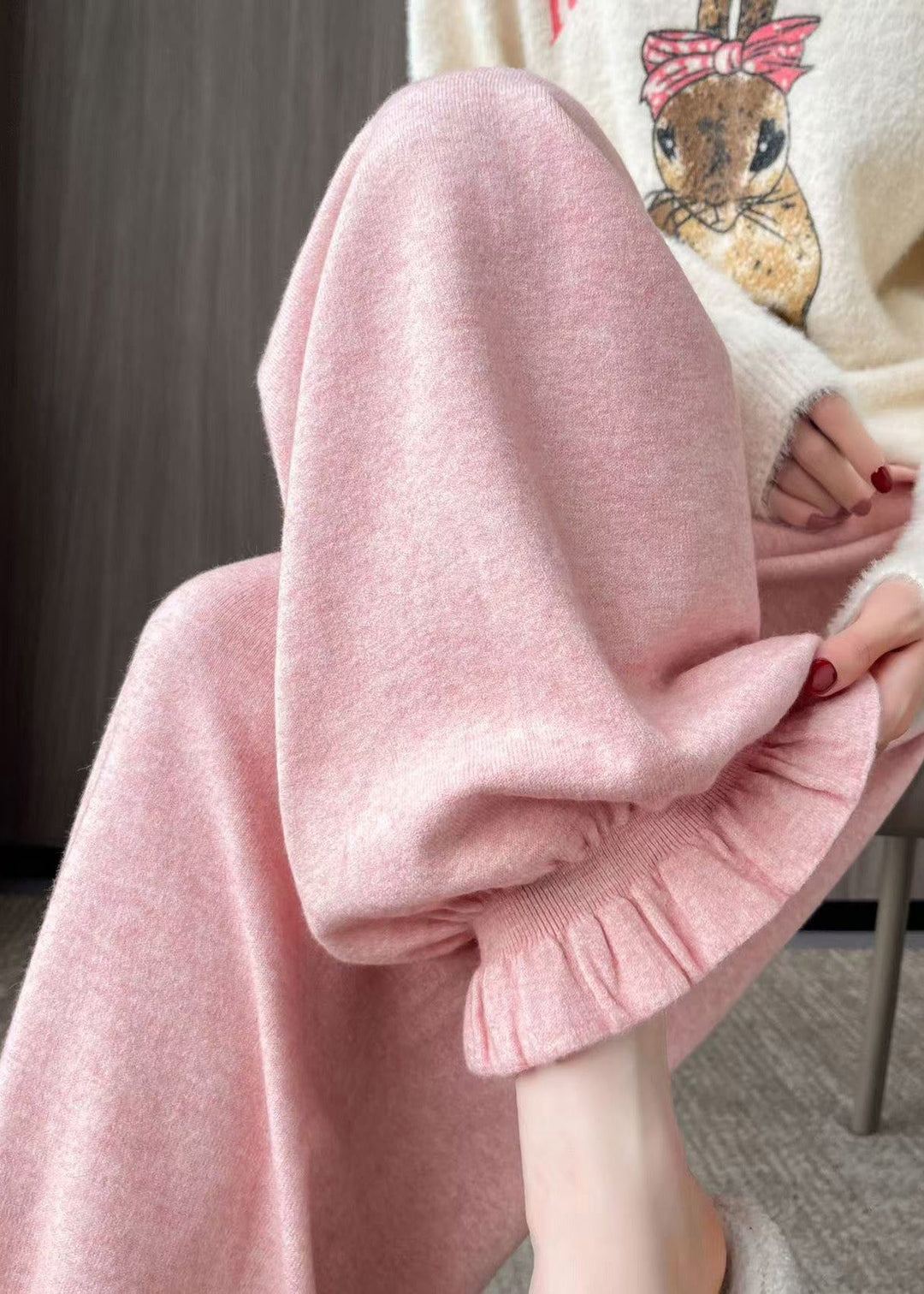 Elegant Pink Oversized Pockets Knit Pants Fall