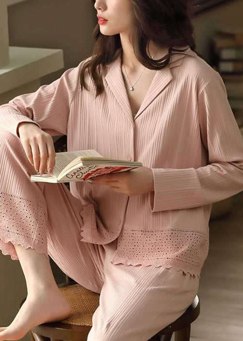 Elegant Pink Peter Pan Collar Hollow Out Cotton Pajamas Two Pieces Set Fall