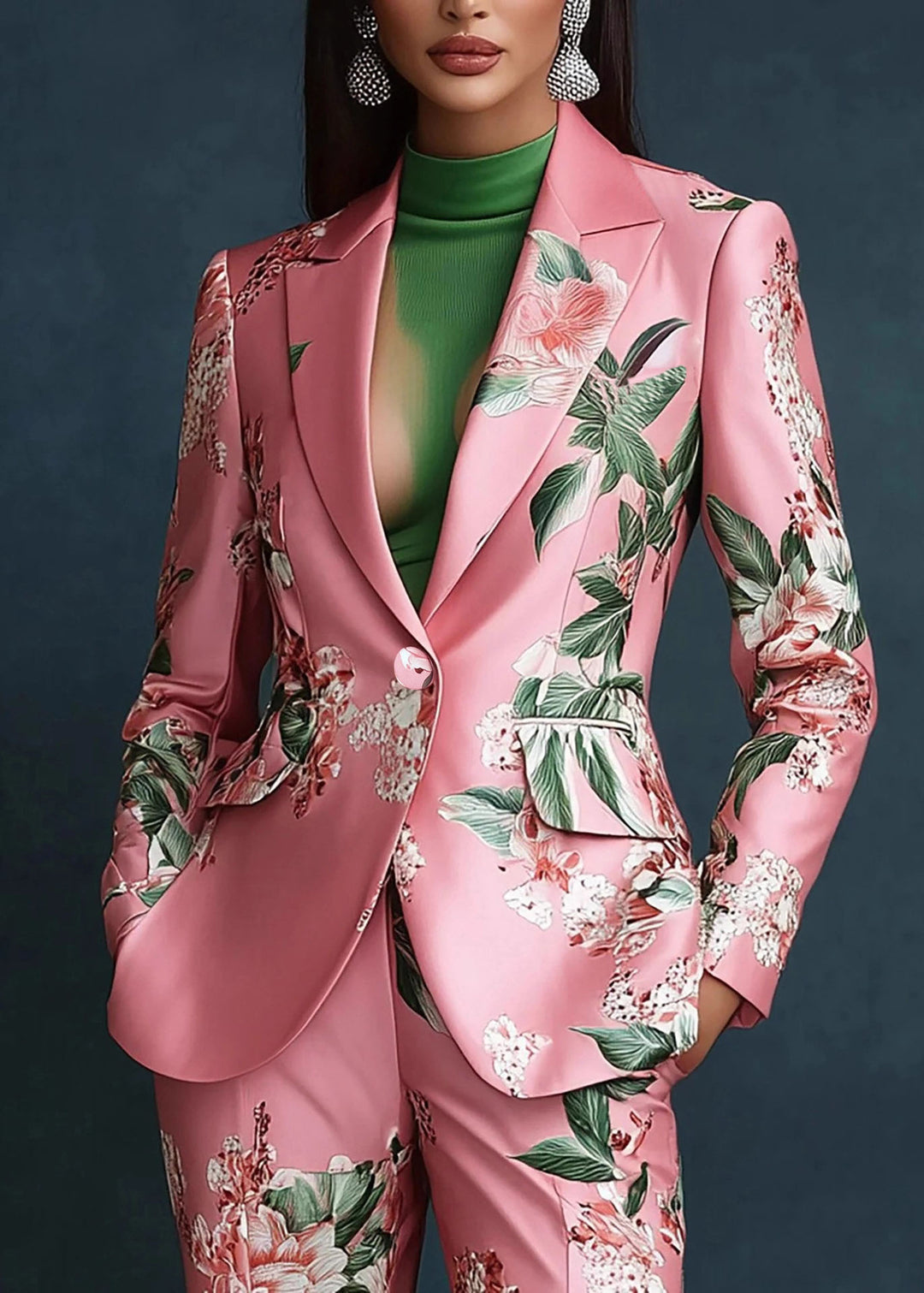 Elegant Pink Peter Pan Collar Pockets Print Satin Coats Fall