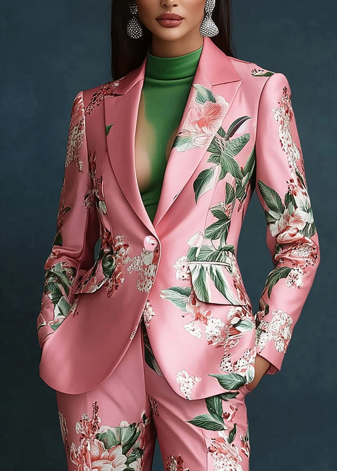 Elegant Pink Peter Pan Collar Pockets Print Satin Coats Fall