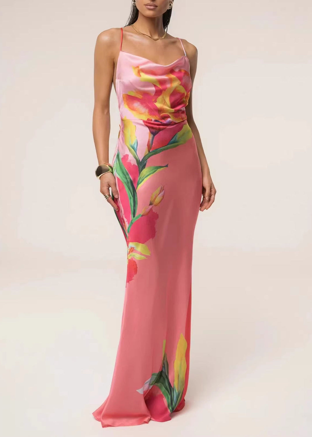 Elegant Pink Print Backless Maxi Spaghetti Strap Dress Summer