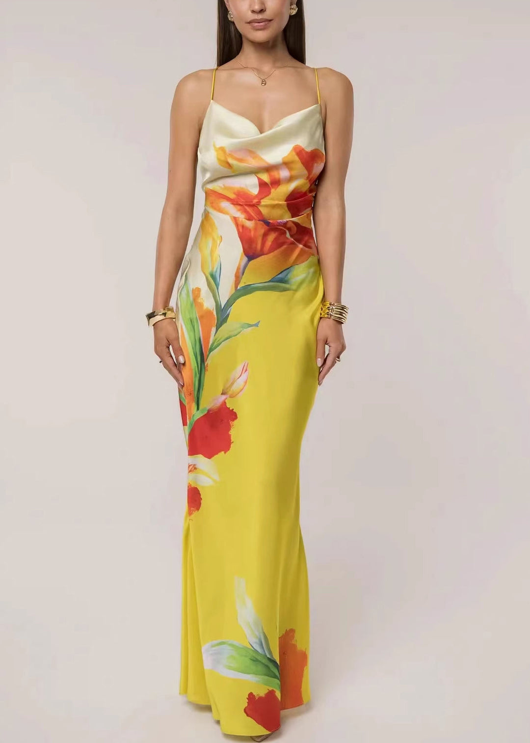 Elegant Pink Print Backless Maxi Spaghetti Strap Dress Summer