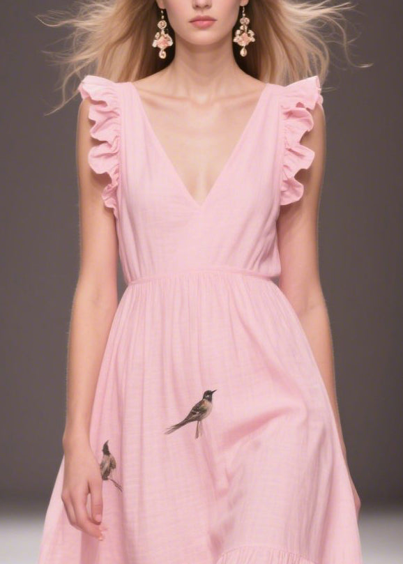 Elegant Pink Print Cotton Holiday Dress Butterfly Sleeve