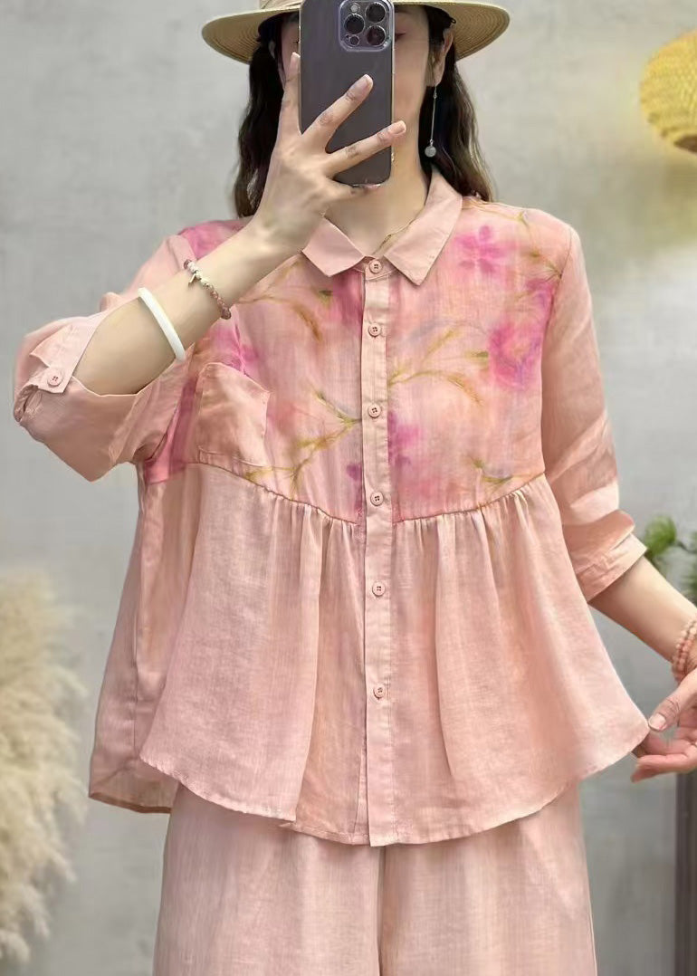 Elegant Pink Print Patchwork Linen Shirt Top Half Sleeve