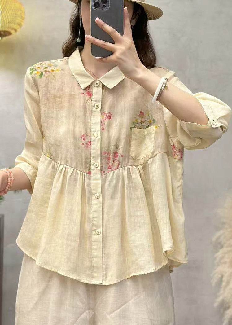 Elegant Pink Print Patchwork Linen Shirt Top Half Sleeve