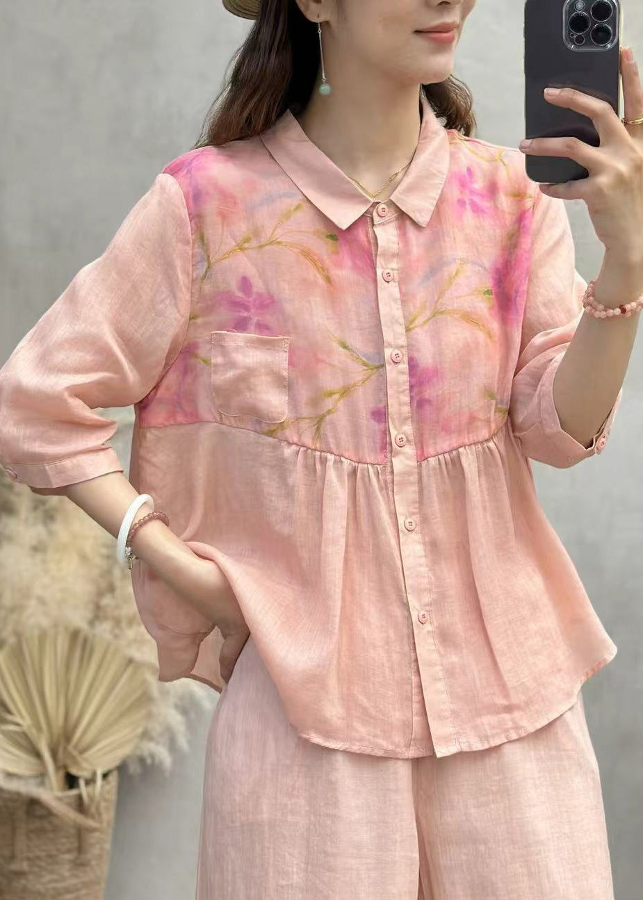 Elegant Pink Print Patchwork Linen Shirt Top Half Sleeve