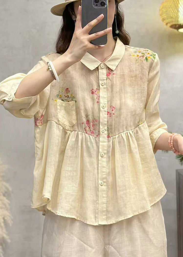 Elegant Pink Print Patchwork Linen Shirt Top Half Sleeve