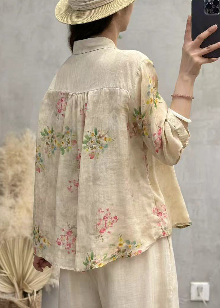 Elegant Pink Print Patchwork Linen Shirt Top Half Sleeve