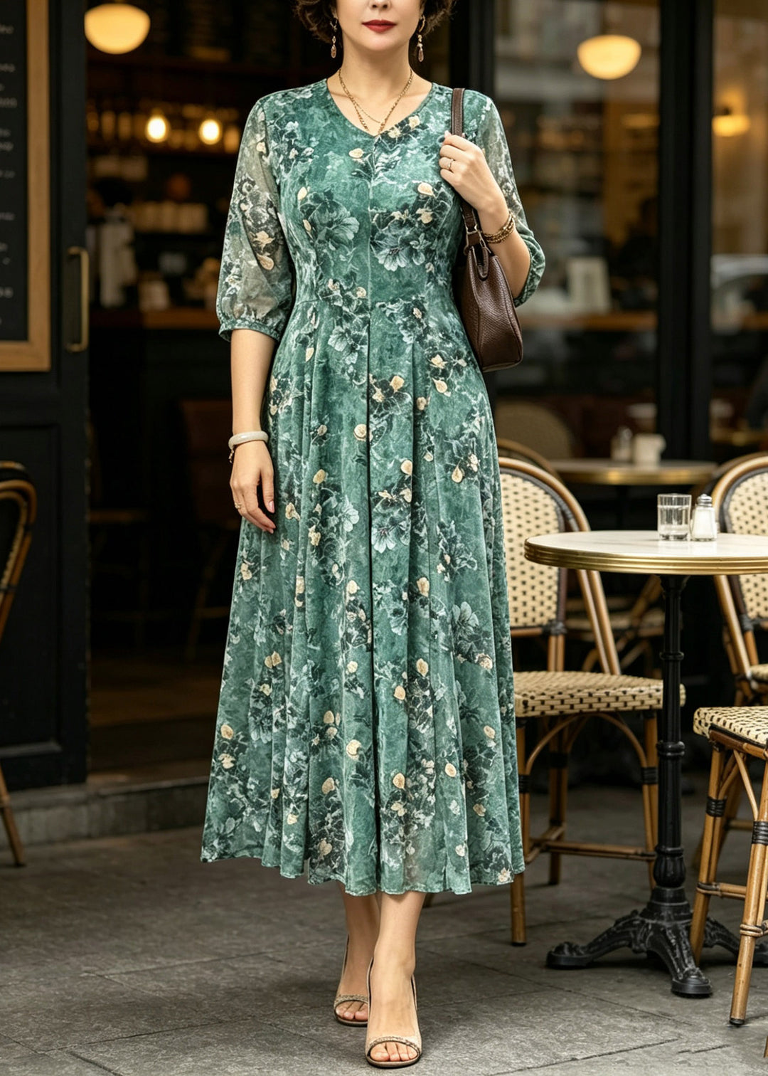 Elegant Pink Print Slim Silk Maxi Dresses Short Sleeve