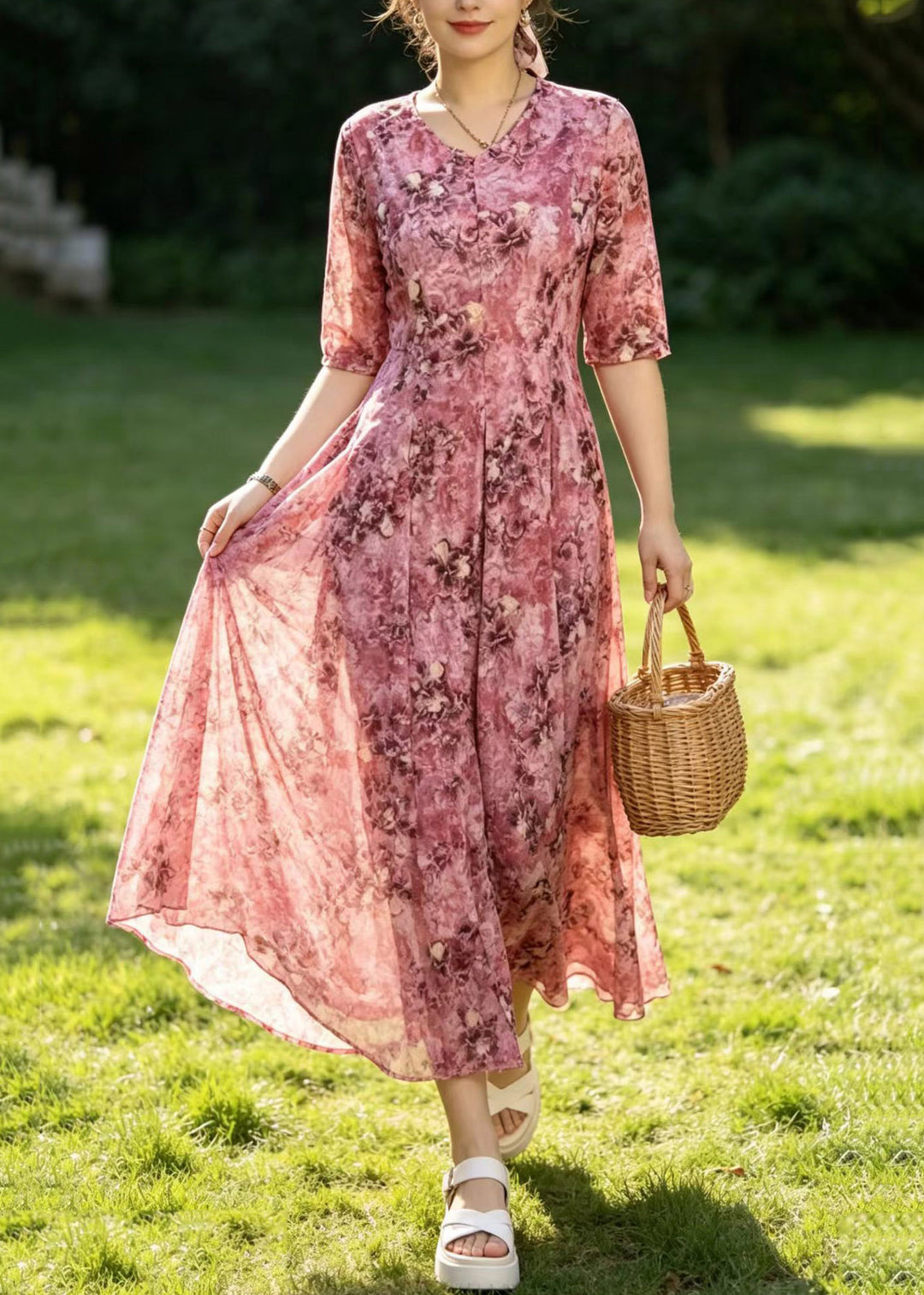Elegant Pink Print Slim Silk Maxi Dresses Short Sleeve