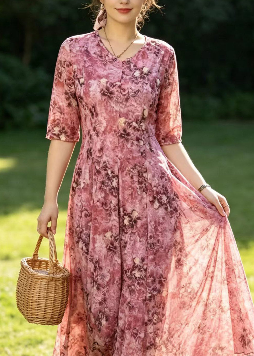Elegant Pink Print Slim Silk Maxi Dresses Short Sleeve