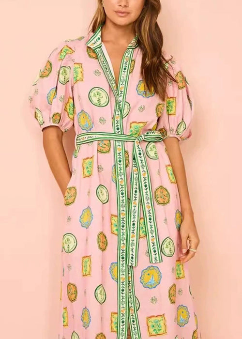 Elegant Pink Print Tie Waist Cotton Blouses Dresses Half Sleeve