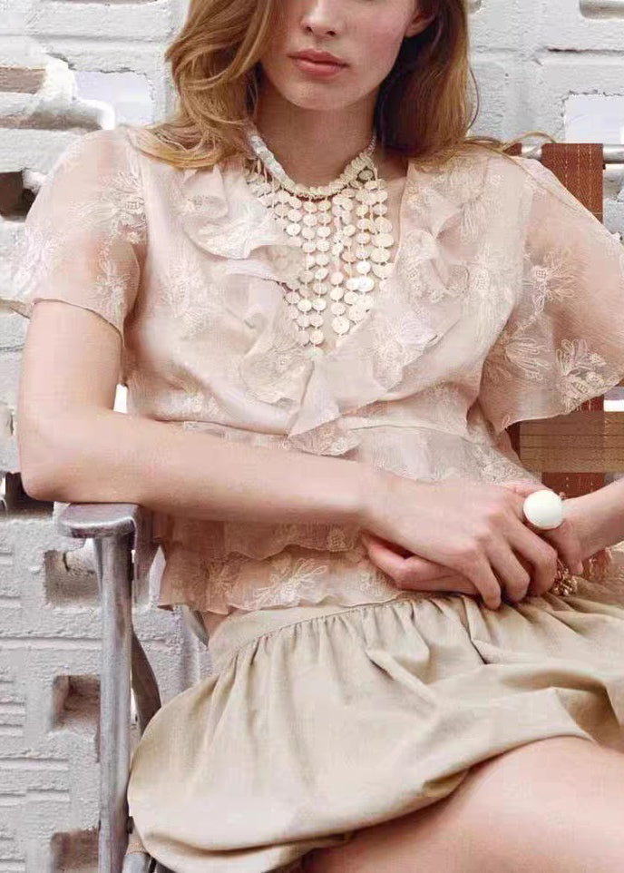 Elegant Pink Ruffled Chiffon Shirts And Skirts Two Pieces Set Summer