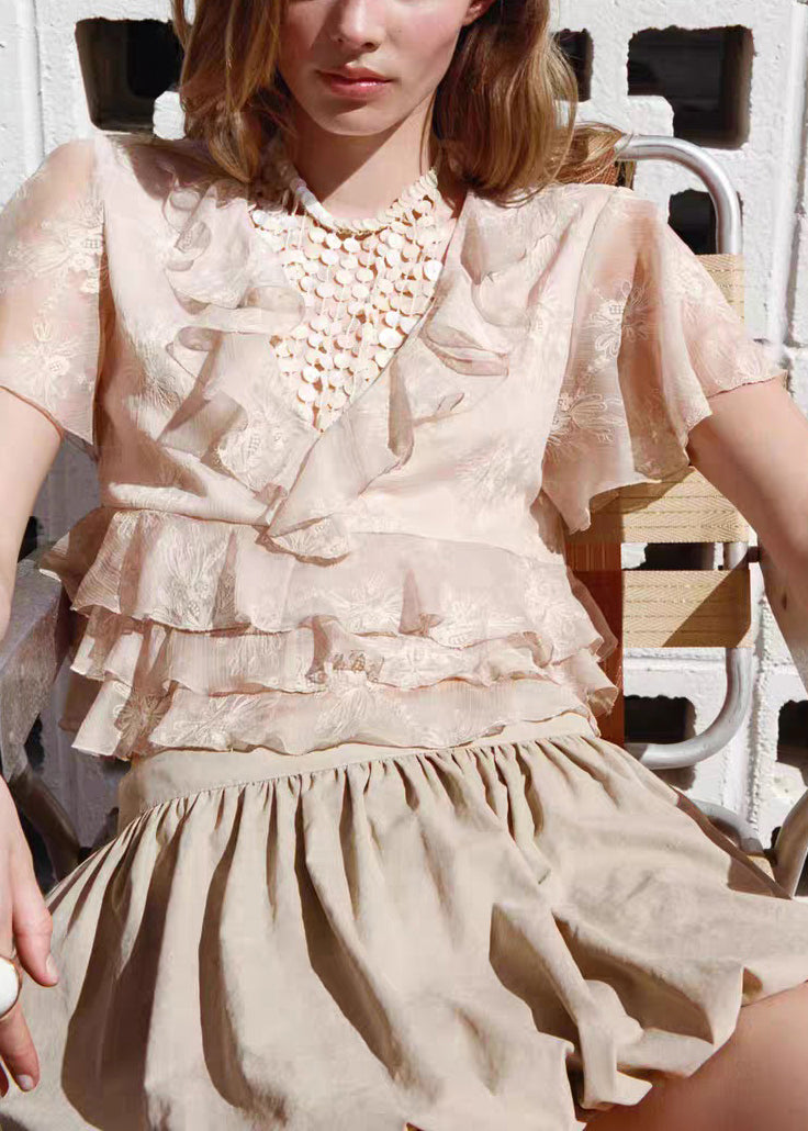 Elegant Pink Ruffled Chiffon Shirts And Skirts Two Pieces Set Summer