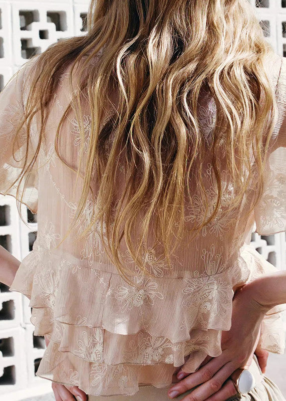 Elegant Pink Ruffled Chiffon Shirts And Skirts Two Pieces Set Summer