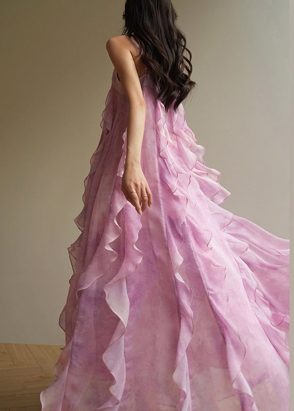 Elegant Pink Ruffled Chiffon Spaghetti Strap Dress Sleeveless