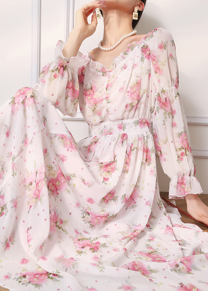 Elegant Pink Ruffled Print Chiffon Dress Long Sleeve - Omychic