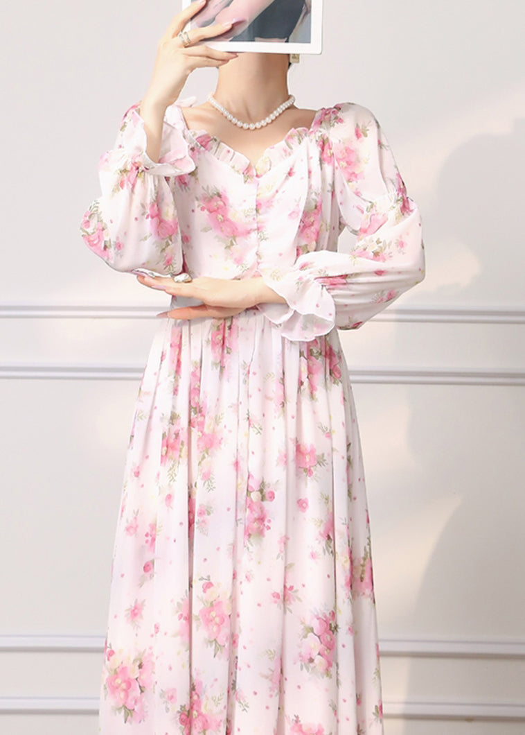 Elegant Pink Ruffled Print Chiffon Dress Long Sleeve - Omychic