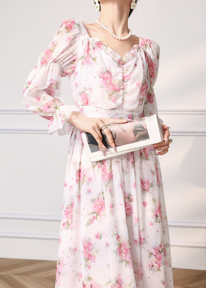 Elegant Pink Ruffled Print Chiffon Dress Long Sleeve - Omychic