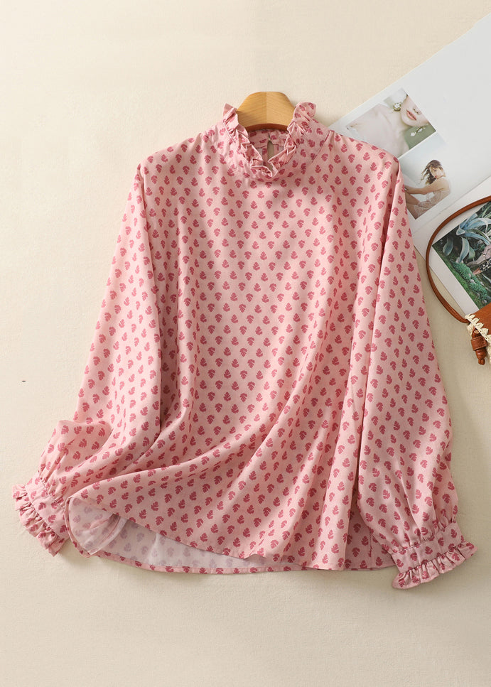 Elegant Pink Ruffled Print Cotton Shirts Spring