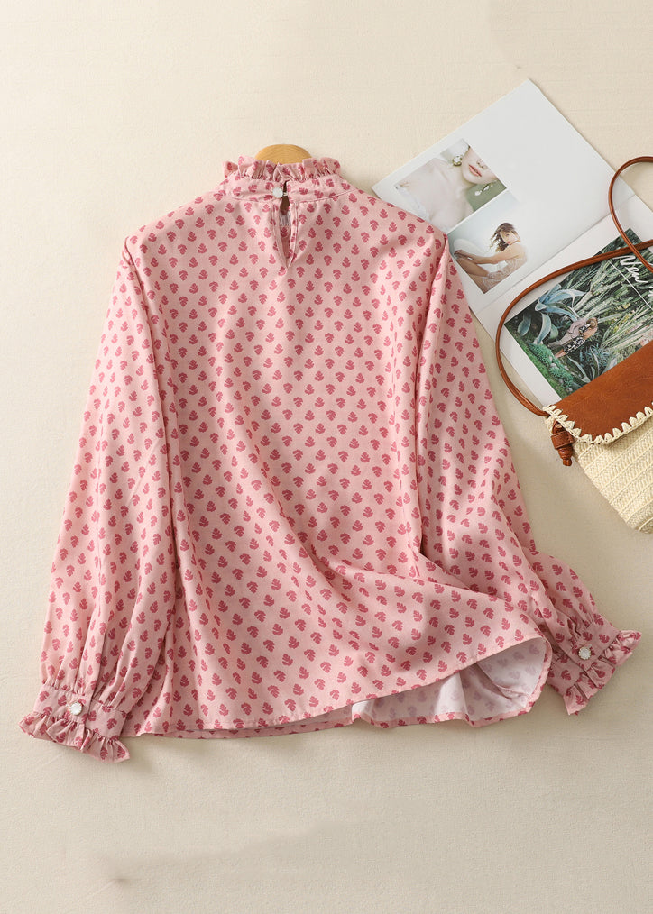 Elegant Pink Ruffled Print Cotton Shirts Spring