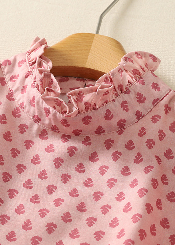 Elegant Pink Ruffled Print Cotton Shirts Spring