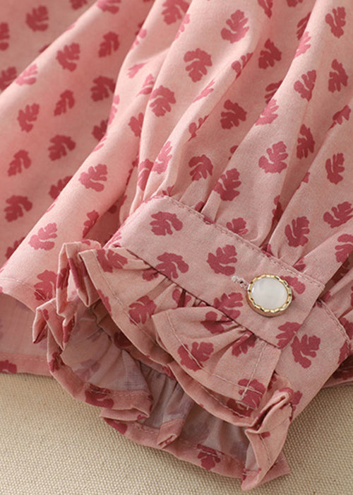Elegant Pink Ruffled Print Cotton Shirts Spring