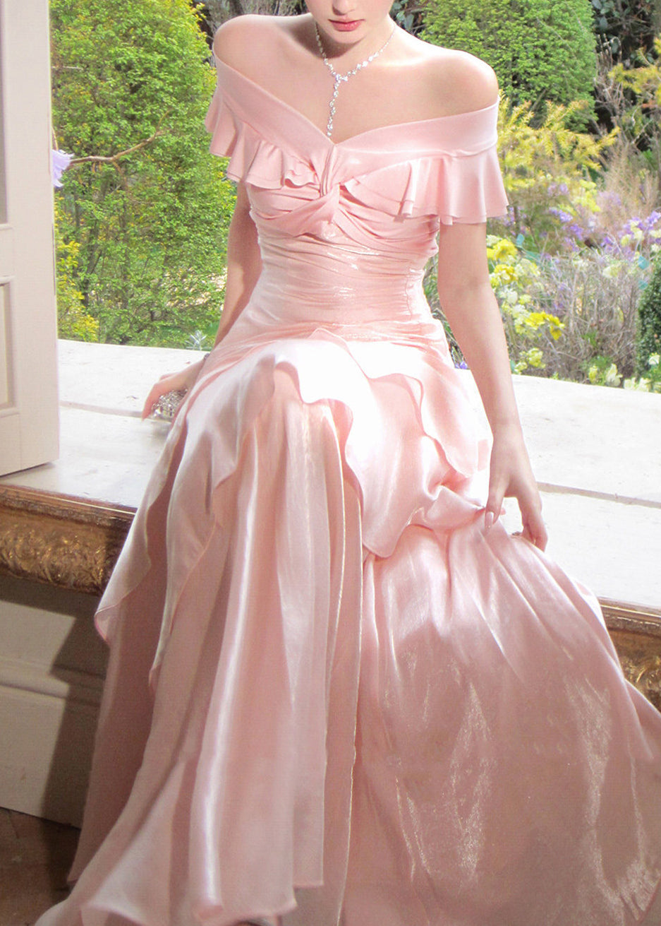 Elegant Pink Slash Neck Cinched Asymmetrical Ruffled Long Dresses Short Sleeve