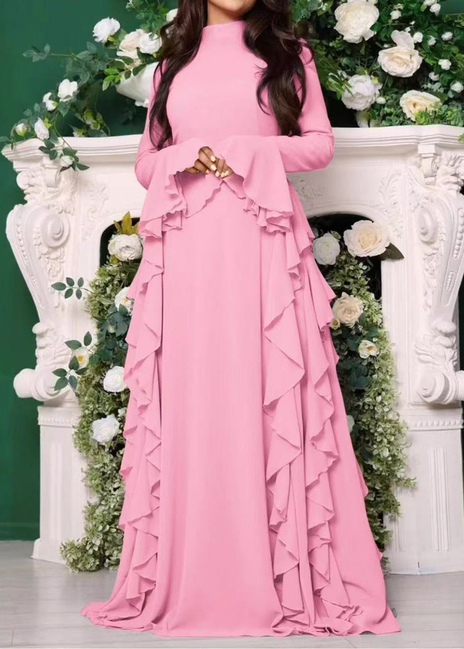 Elegant Pink Solid High Waist Chiffon Maxi Dresses Flare Sleeve