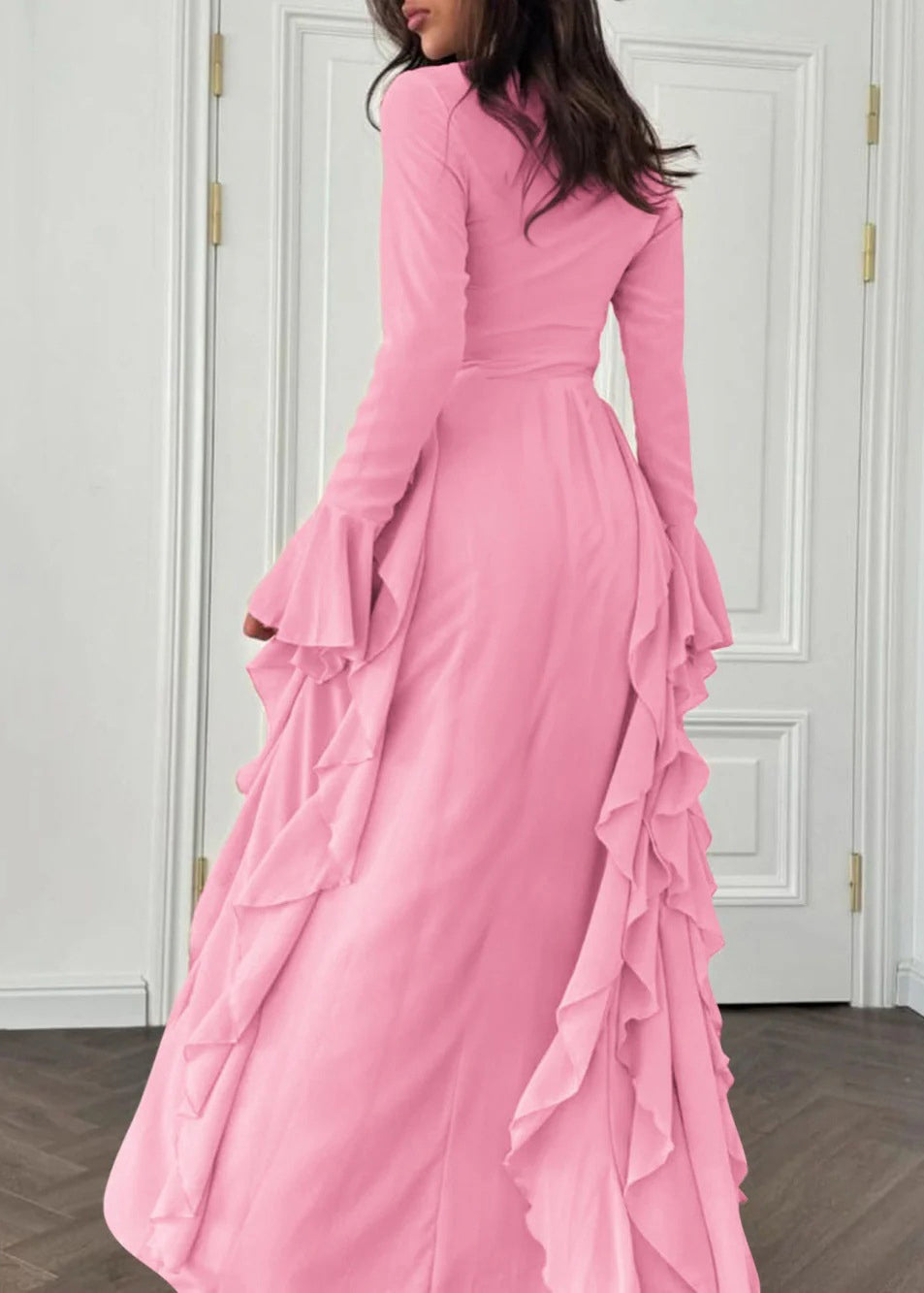 Elegant Pink Solid High Waist Chiffon Maxi Dresses Flare Sleeve