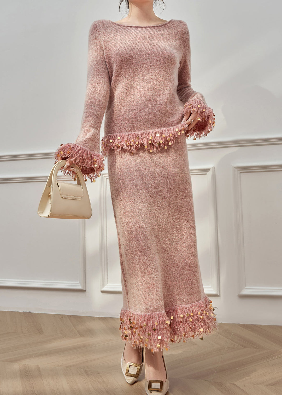 Elegant Pink Tasseled Sequins Knit Two Pieces Set Flare Sleeve