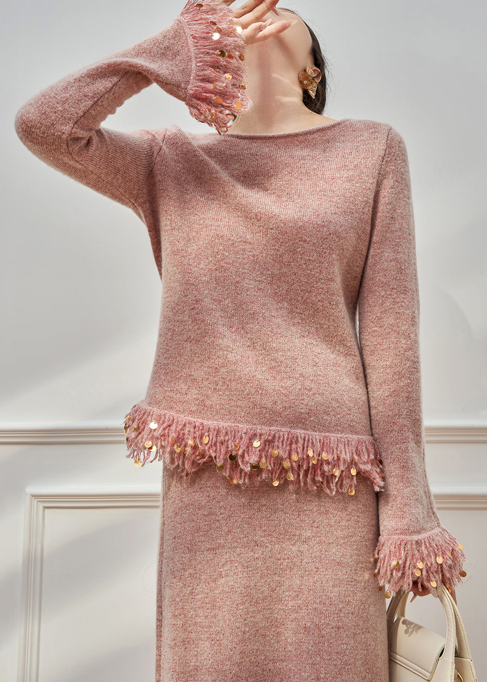 Elegant Pink Tasseled Sequins Knit Two Pieces Set Flare Sleeve