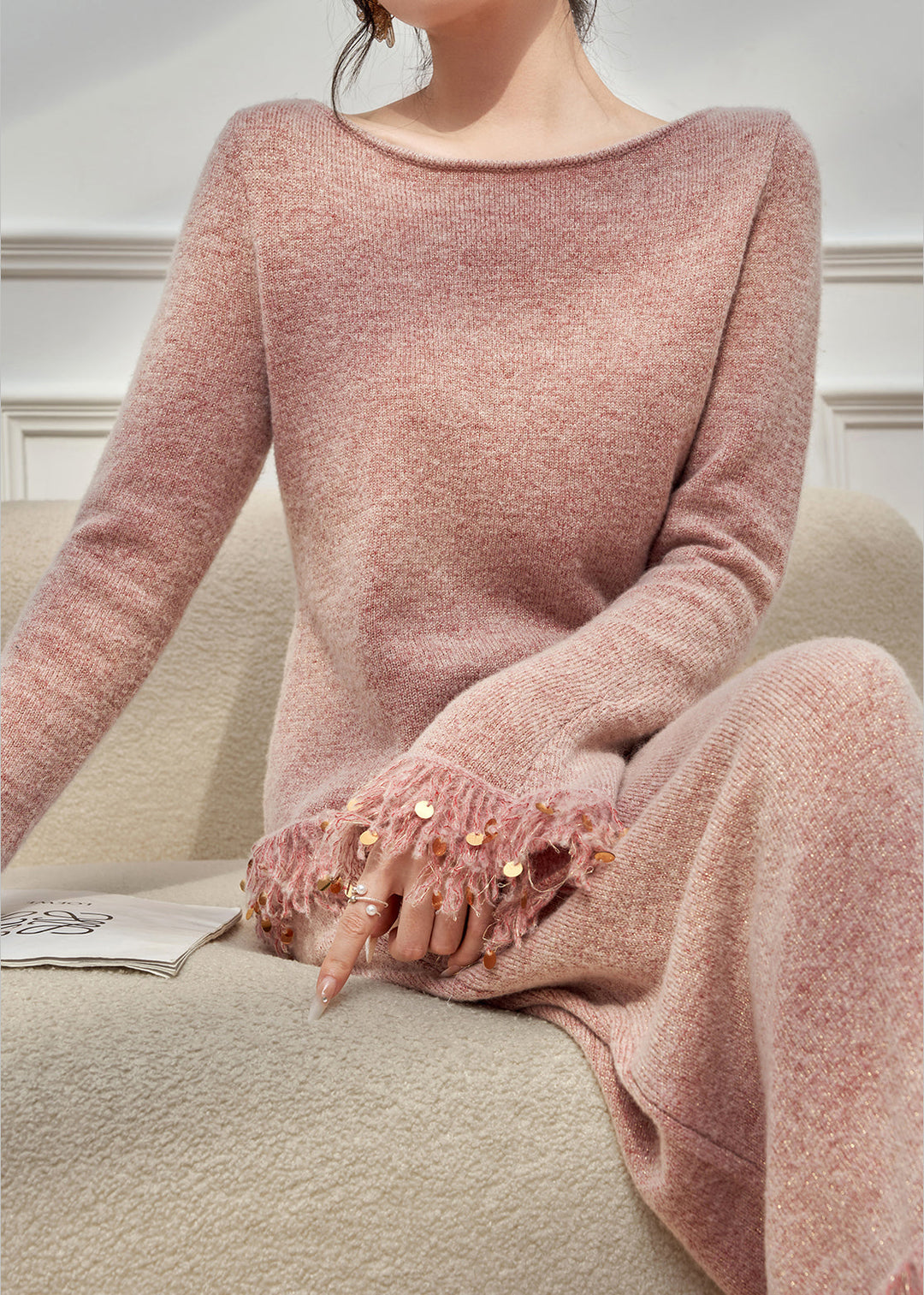 Elegant Pink Tasseled Sequins Knit Two Pieces Set Flare Sleeve