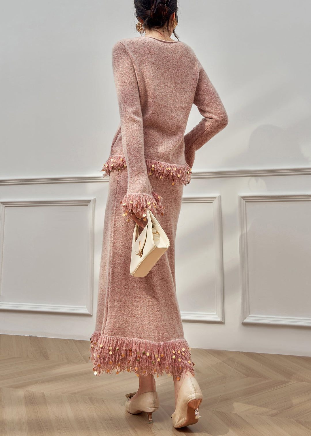Elegant Pink Tasseled Sequins Knit Two Pieces Set Flare Sleeve