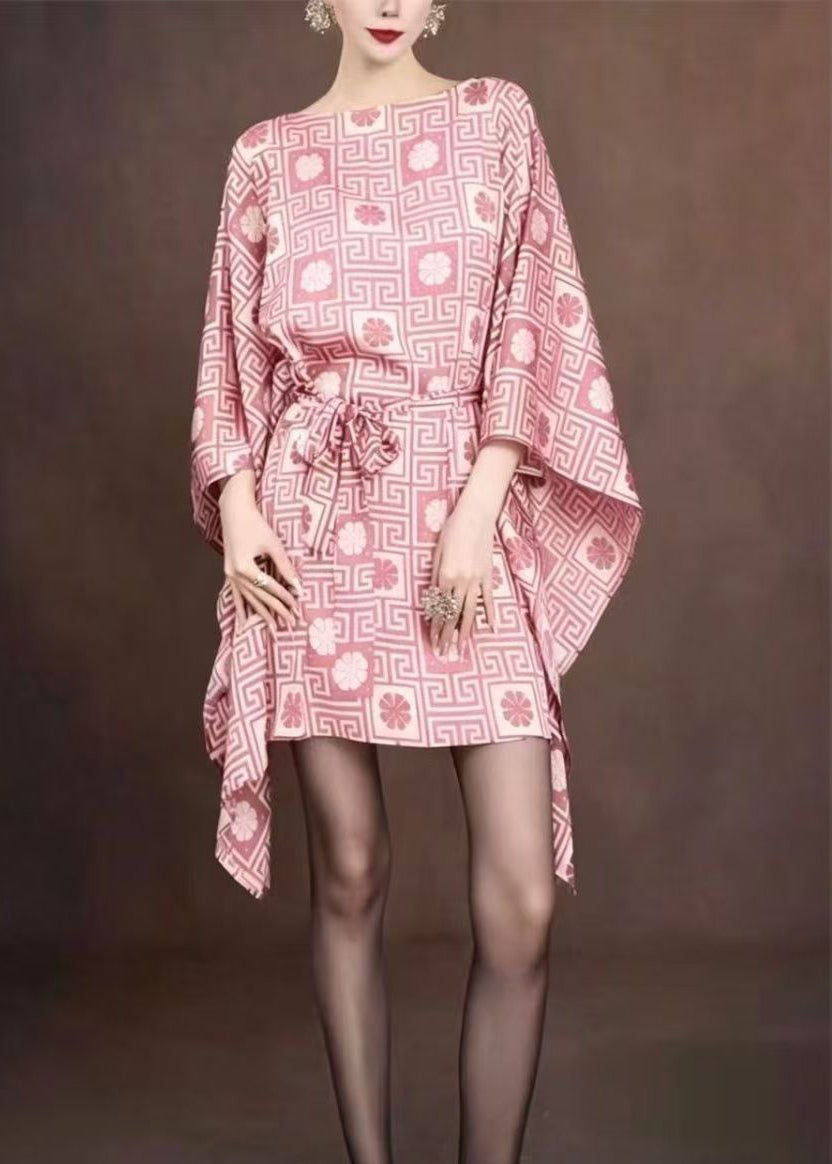 Elegant Pink Tie Waist Mid Dresses Batwing Sleeve