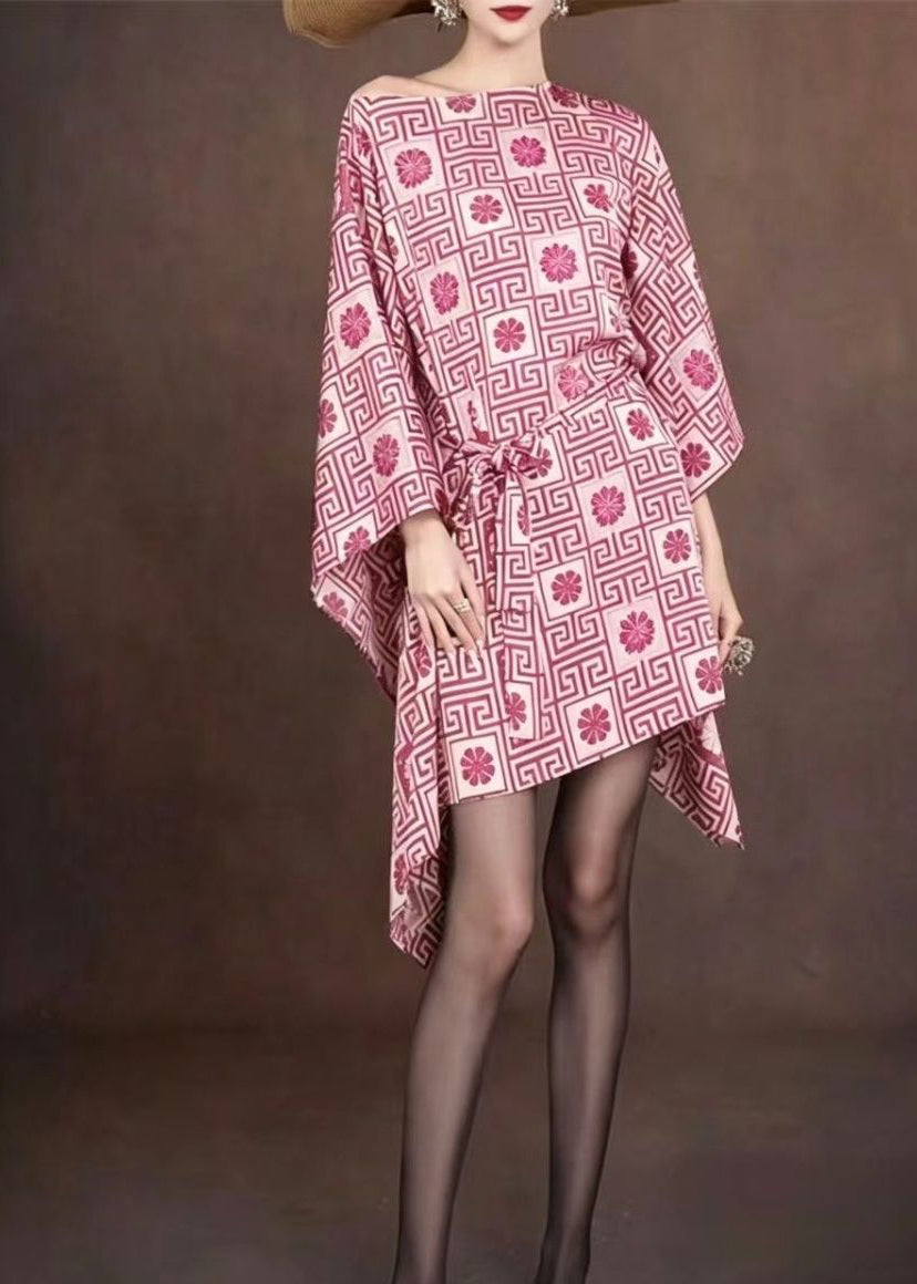 Elegant Pink Tie Waist Mid Dresses Batwing Sleeve