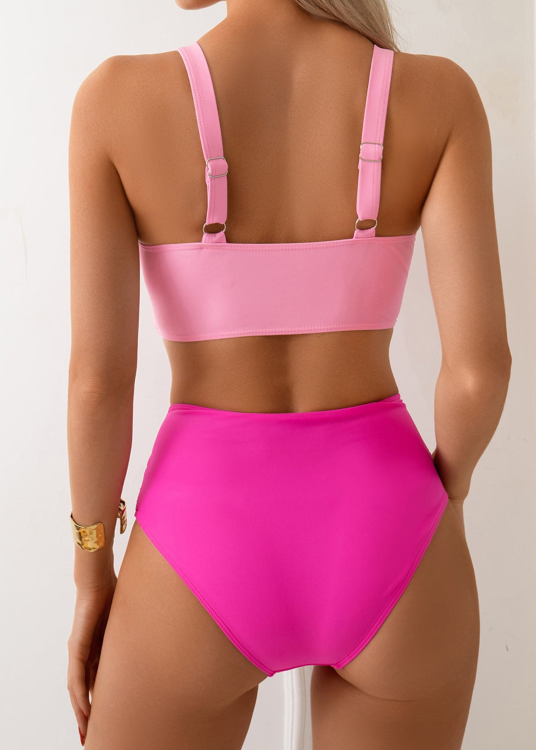 Elegant Pink V Neck Cross Wrinkled Swimwear Lingerie Set