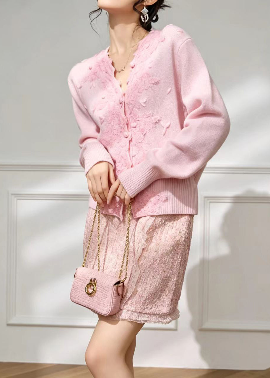Elegant Pink V Neck Embroidered Knit Cardigan Fall