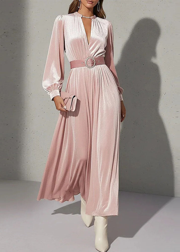Elegant Pink V Neck Patchwork Velvet Maxi Dress Fall