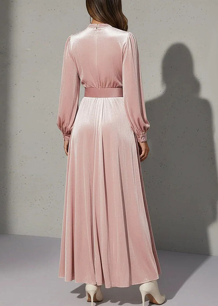 Elegant Pink V Neck Patchwork Velvet Maxi Dress Fall