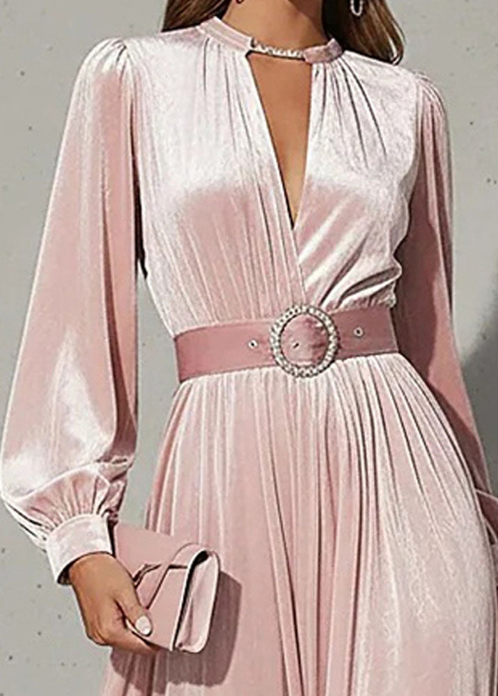 Elegant Pink V Neck Patchwork Velvet Maxi Dress Fall