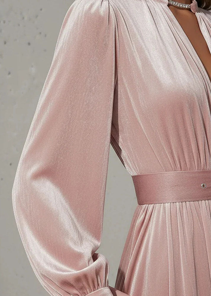 Elegant Pink V Neck Patchwork Velvet Maxi Dress Fall