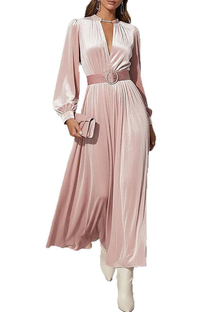 Elegant Pink V Neck Patchwork Velvet Maxi Dress Fall