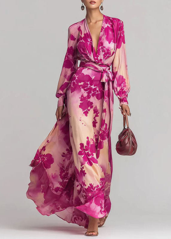 Elegant Pink V Neck Print Lace Up Chiffon Long Dress Fall